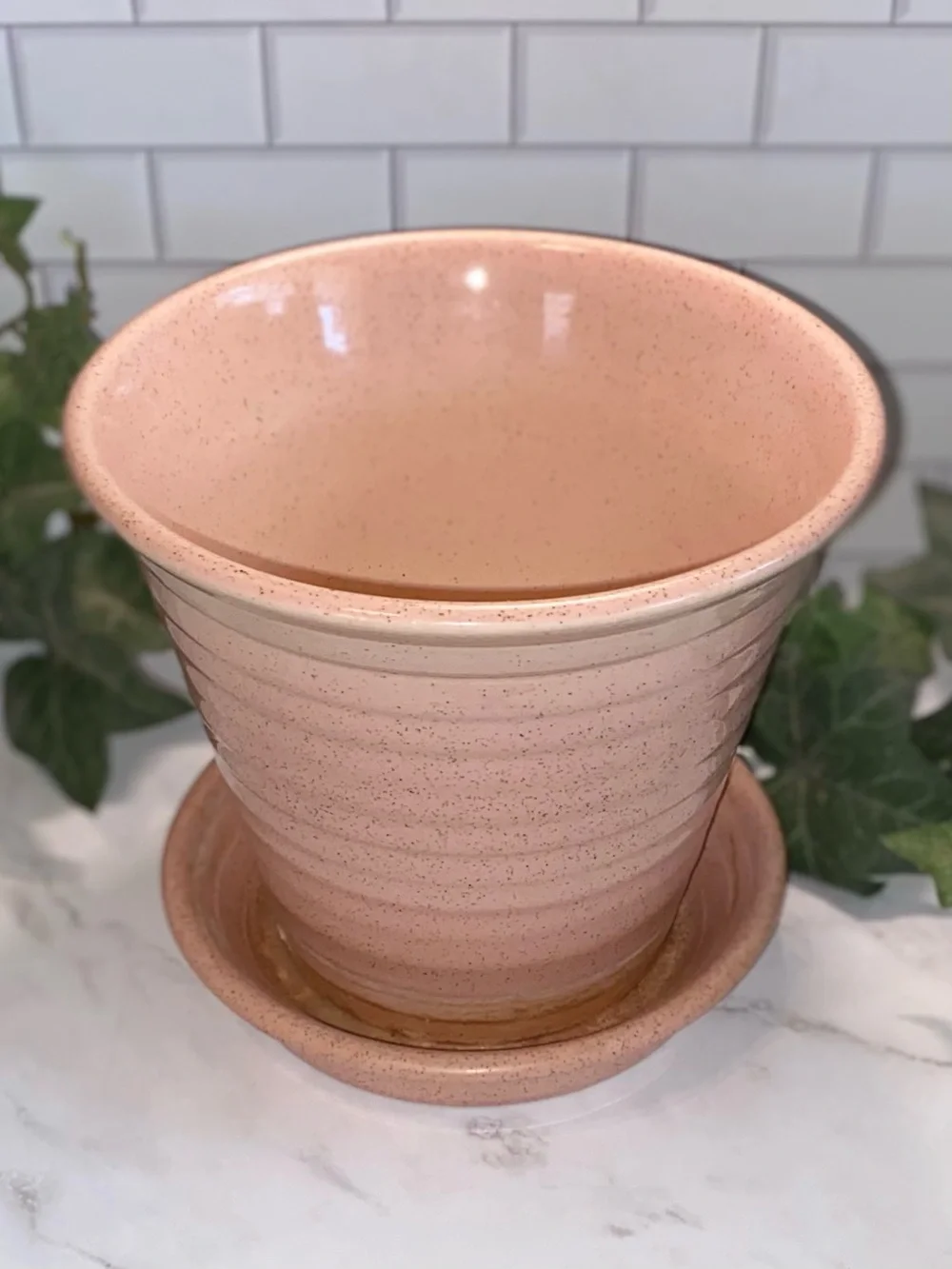 Vintage MCM Pfaltzgraff Pink Speckled Ceramic Flower Pot With Attached Saucer